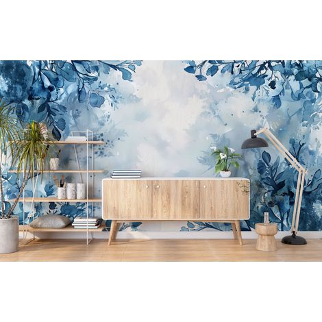 Papier peint fleuri - brume aquarelle bleue - 400 x 260 cm (1/2)