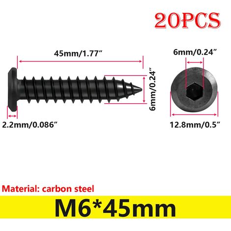20 Pièces Vis Autotaraudeuses à Tête Plate M6x45mm Vis à Bois à Six Pans Creux, pour Plastique Bois Métal, Noir (1/5)