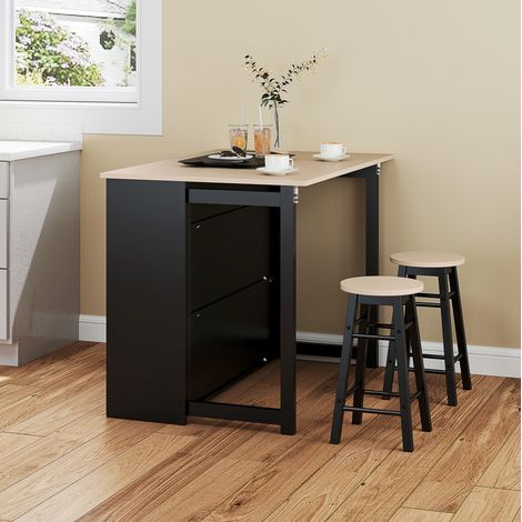 Table de bar 3 pièces avec 2 tabourets, plateau pliant, rangements ouverts et placard, ensemble compact pour cuisine et petits espaces, noir, contreplaqué – CHICFURN (1/5)