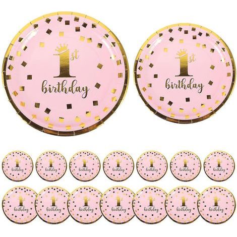 16 assiettes en carton jetables pour baby shower et premier anniversaire-18x18x0.8cm-Pink (1/4)