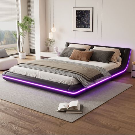Bodenbett PU Schwarz 160x200 cm mit LED-Umgebungslicht und Lattenrost (1/5)