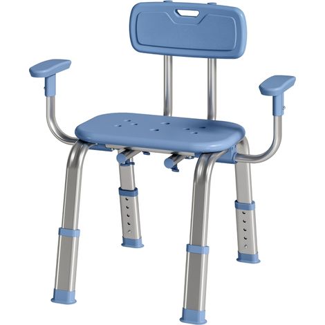 Tabouret/chaise de douche ergonomique — avec accoudoirs, dossier, hauteur et assise réglables — Bleu adapté aux personnes âgées. (1/5)