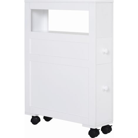 Rangement WC salle de bain mobile sur roulettes - 2 tiroirs, niche - MDF blanc