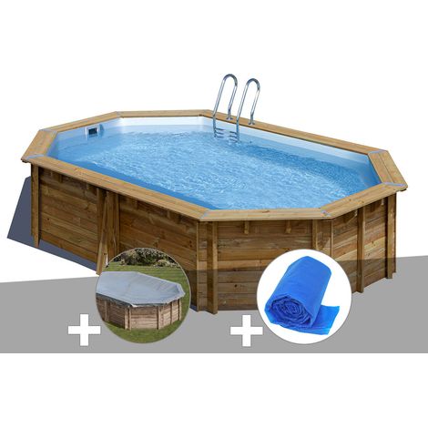 Kit piscine bois Gré Vermela 6,72 x 4,72 x 1,46 m + Bâche hiver + Bâche à bulles