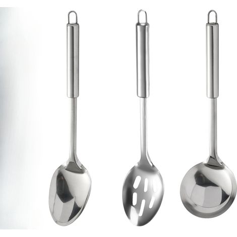 Set aus drei Edelstahl-Küchenlöffeln: Abtropflöffel, Suppenlöffel, Servierlöffel und dreihakenförmiger Edelstahllöffel, der zum Rühren, Anbraten und Servieren verwendet werden kann. (1/5)