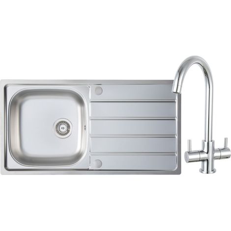 Prima 1.0 Bowl Kitchen Sink with Staten Sink Tap and inset Sink 965mm L x 500mm W - Stainless Steel/Chrome (1/4)