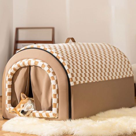 Niche pour Chien Fermée et Chaude,XL:60x45x40cm,Maison Arrondie Sécurisante Automne/Hiver, Panier Chien & Chat Déhoussable,Brun