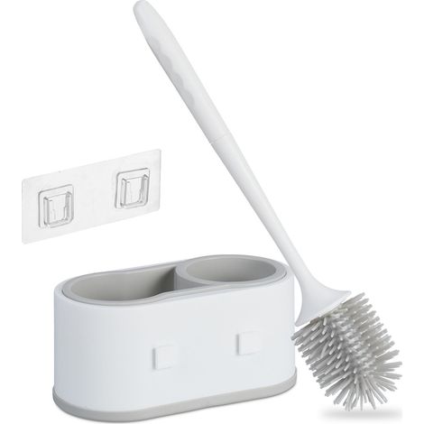Relaxdays Scopino Bagno WC, Portascopino da Parete, Spazzola con Contenitore in Plastica, Set da Toilette, Bianco Grigio