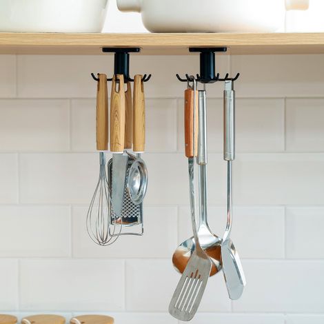 2 Pièces Rotatif à 360 ° Porte Ustensiles Cuisine,6 Crochets sous Armoire Support Ustensiles Cuisine,sans Percer Crochets de Rangement Organiseur Rack pour Salle de Cuisine/Bains, noir (1/5)