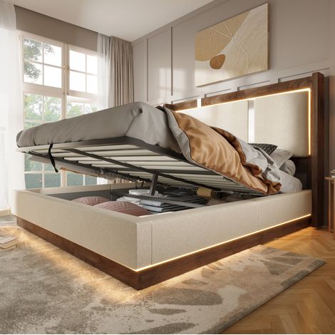 Letto contenitore 140 x 200 cm con LED, rete a doghe e apertura idraulica, beige e noce HAVRYA (1/5)