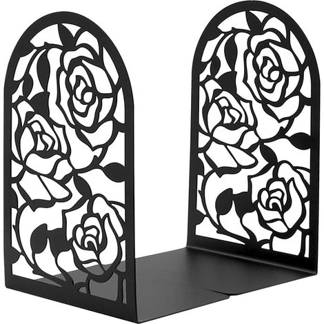 1 paire de serre-livres en métal avec motif rose creux antidérapant en fer pour enfants, filles, bibliothèque, maison, école, bureau (noir) (1/5)