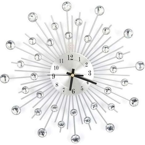 3D-Wanduhr aus funkelndem Silberkristall, modernes, rundes Design, digitale Wanddekoration aus Metall für Küche, Wohnzimmer, modern oder minimalistisch. (1/5)