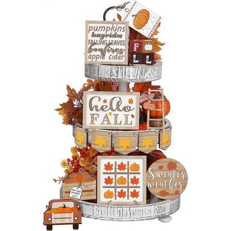 Ensemble de 17 décorations automnales à étages, ensemble de décorations pour plateau à étages citrouille et érable pour Thanksgiving, blocs d'épices rustiques style ferme citrouille et bois d'automne (1/5)