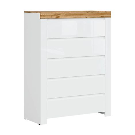 Commode à 6 tiroirs meuble de rangement ,coloris Blanc/Chêne wotan - Longueur 98,5 x Profondeur 42 x Hauteur 129,5 cm (1/5)