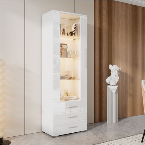 Vitrina expositora (60x35x180 cm), con tiras LED controladas por app, 3 cajones, MDF, blanca (1/5)