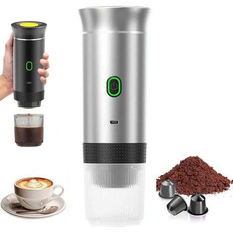 Machine à Café Portable de Voyage,Chauffage Rapide 3 En 1 Cafetiere Portable 12V, Auto-Chauffage de 4 à 6 Minutes, Grandes Capsules, Café Moulu, Pour Le Camping, Bureau, Maison, Voiture,Argent (1/5)