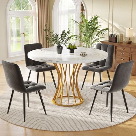 Ensemble salle à manger - Table ronde 80 cm - Plateau blanc marbré - Piètement métal doré - 4 chaises velours gris