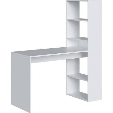 Dmora Scrivania Denton, Scrittoio multifunzione reversibile con libreria a 5 ripiani, Tavolo da studio o ufficio porta PC portalibri, cm 120x53h144, Bianco, con imballo rinforzato (1/6)