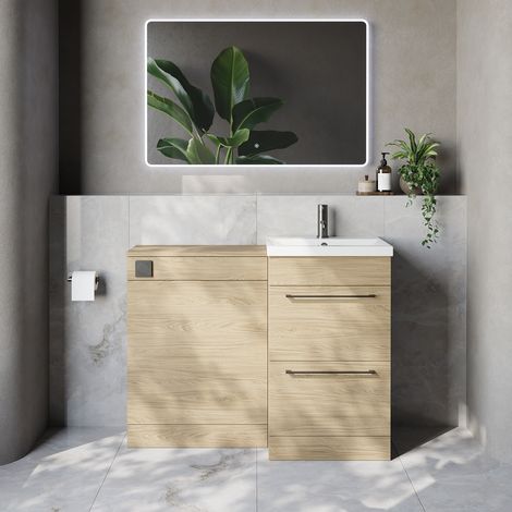 Napoli 390 Cento Light Oak 1100mm 2 Drawer Vanity Unit Toilet Suite with Glide Basin - 1100mm - Gunmetal Grey 320mm HandleWithout Kingston Toilet Pan
