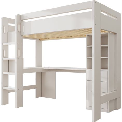 Cama alta 90x200 cm blanca con escritorio esquinero, estantes y cajones (1/5)