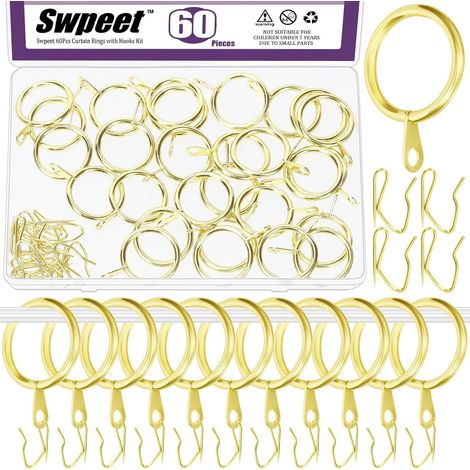 60Pcs 25mm/1" Diamètre intérieur Bague de Rideau en métal d'or avec Pin-on Drapery Crochets Kit d'assortiment, Drape Coulissant Eyelet de en, pour Rideau de Douche de Porte (1/5)