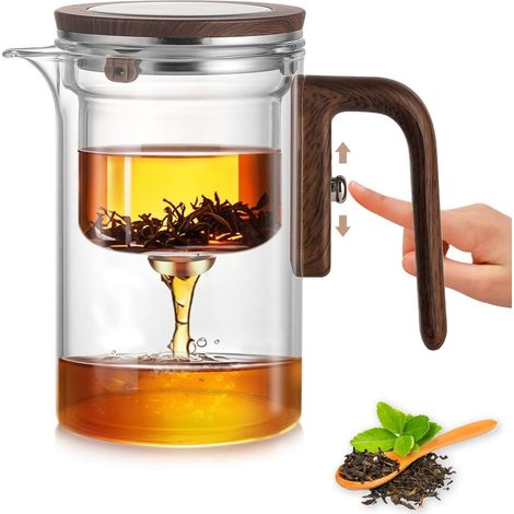 Théière en Verre avec Séparation d'eau – 600 ML, Verre Borosilicate/Design Démontable/Facile à Nettoyer, avec Poignée en Bois pour Maison, Bureau