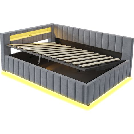 Cama tapizada 140 x 200 cm con almacenaje hidráulico, LED y puerto USB, terciopelo gris (1/5)