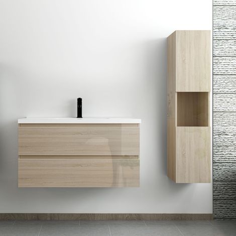 Acezanble – Ensemble meuble salle de bain 100 cm – Chêne Wotan brillant – 2 tiroirs à fermeture automatique – Lavabo céramique simple – Colonne haute suspendue