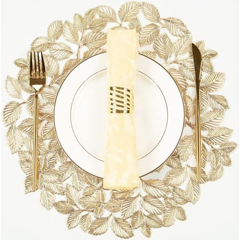 Lot de 6 sets de table ronds avec motif feuilles dorées - Antidérapants et faciles à nettoyer - Idéaux pour les dîners, les fêtes et les mariages. (1/4)
