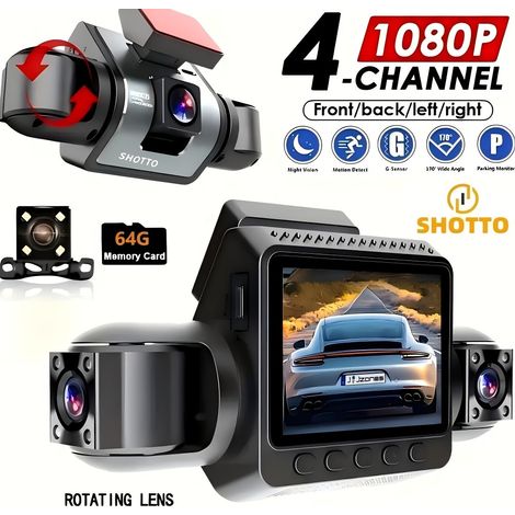 Système 4 caméras 360° panoramiques 1080P, écran IPS 2 pouces, vision nocturne, surveillance stationnement (sans carte mémoire) (1/5)