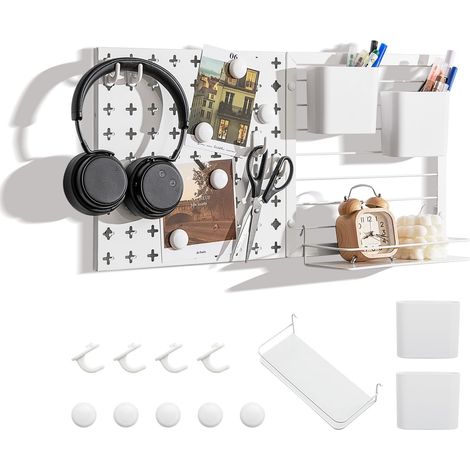 GOPLUS Kit d'Organisation Murale Combinée de Panneaux Perforés-2 Panneaux Perforés/Aimants/Crochets/Étagères/Récipients Blanc (1/5)