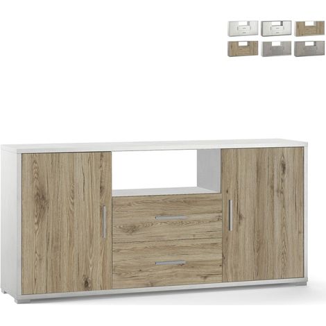 Credenza moderna per soggiorno e cucina 2 ante e 2 cassetti Selena Sarmog - Colore: Bianco - Rovere (1/5)