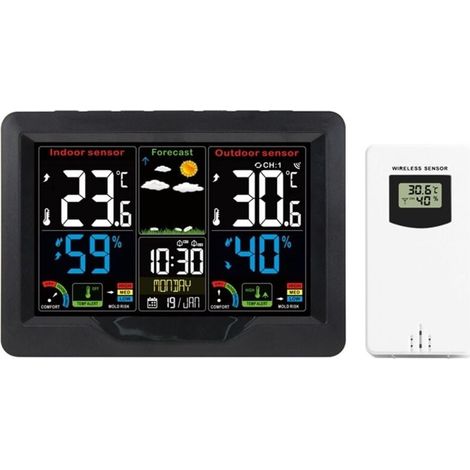 Drahtlose Wetterstation für den Innen- und Außenbereich mit Sensor, Thermometer mit 4-stufiger Helligkeitsanzeige und DCF-Funkwetterstation mit Anzeige von Uhrzeit, Temperatur, Luftfeuchtigkeit und We