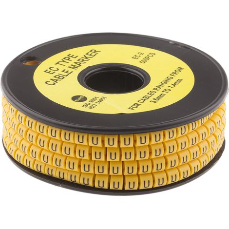 Repère câble , Ø câble 3.6 7.4mm, texte : U, Noir sur Jaune ( Prix pour Bobine de 500 )