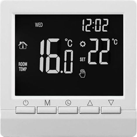 Thermostat d'ambiance pour chaudière filaire avec écran LCD numérique programmable avec modes de planification hebdomadaire et protection anti-gel intégrée (1/5)