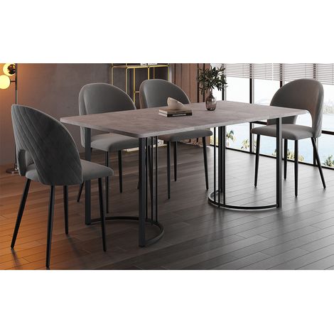 Ensemble salle à manger moderne : table 140x80 cm en MDF gris avec 4 chaises en velours gris à motif losange, pieds réglables, piètement de table noir