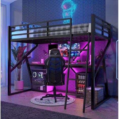 Letto rialzato 90x200 cm, con scrivania e illuminazione LED, senza materasso, nero (1/5)