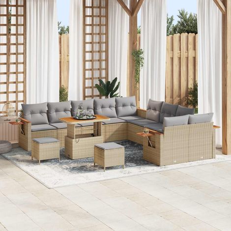 Salon de jardin modulable 13 pièces en polyrotin beige, acier thermolaqué et bois d’acacia - PANGIVO (1/5)