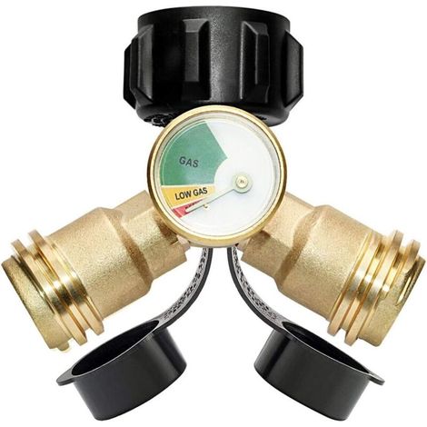 Propangasabscheider, Y-förmiger Propangastank-Abscheideradapter mit Manometer, 2-Wege-LPG-Adapter-T-Stück für 20-Pfund-Propangasflaschen