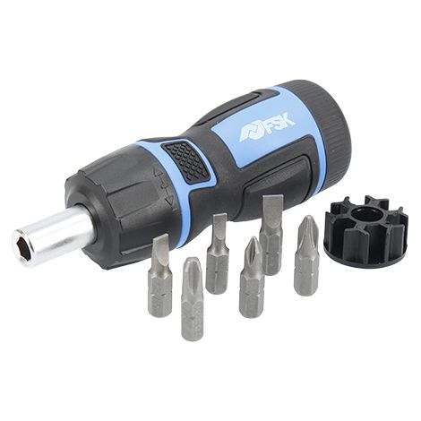 Ferrestock FSKDES017 set destornillador con carraca de 72 dientes, giro en ambas direcciones, 6 puntas intercambiables y compartimento interior para guardarlas