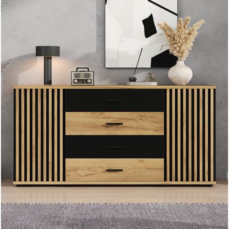 Credenza 140x35x70 cm in MDF nera e effetto quercia, 4 cassetti e 2 ante (1/5)