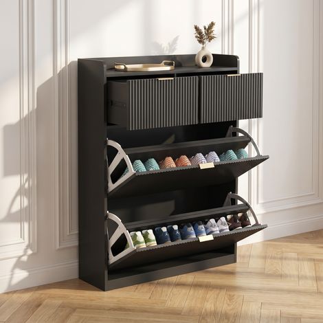 Meuble à chaussures en bois – 2 portes abattantes – 2 tiroir, finition rainurée, noir, Dimensions 80x20x110 cm (1/5)