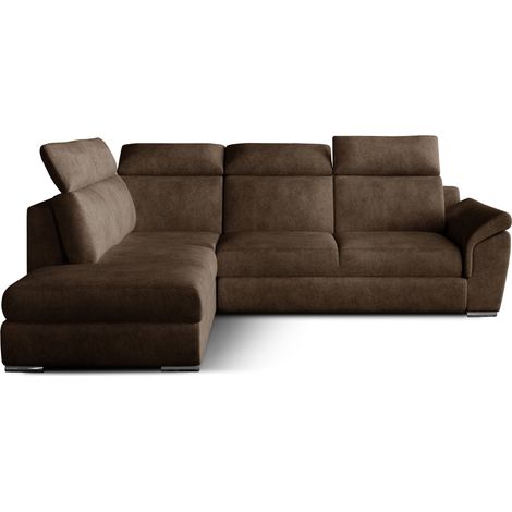 Canapé d'angle convertible en tissu KEPITA - Appuis-tête réglables et rangement-Marron-angle gauche (1/5)