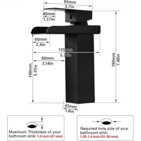 NALOOKAMIC Modern Black Brass Bathroom Faucet, Waterfall Basin Mixer Tap with Spout Height 140mm, Cold Hot Water Available (1/3)