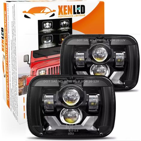 Phares LED 5x7 7x6 pour Jeep Cherokee / Wrangler XJ Chevrolet Nissan Toyota Dodge - Homologué - Noir - La paire (1/5)