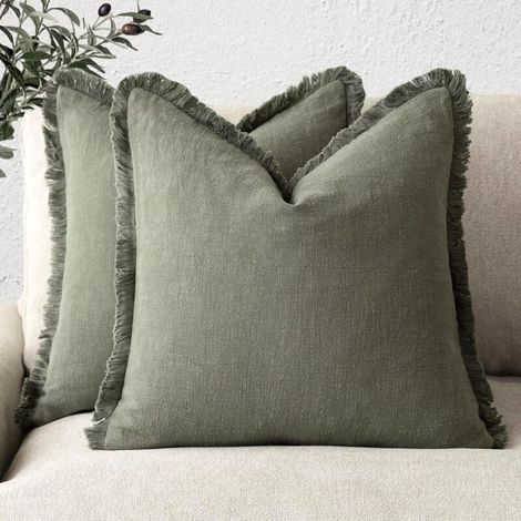 Ensemble de 2 Housses de Coussin décoratives à Franges en Lin de Style bohème et Rustique avec Pampilles pour canapé, Sofa, lit, Salon, décoration d'intérieur, 45 x 45 cm, Vert (1/4)