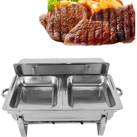 Plat de service, capacité de 7,5 L, construction en acier inoxydable, deux bacs alimentaires, forme rectangulaire, compatible avec le chauffage au combustible (1/5)