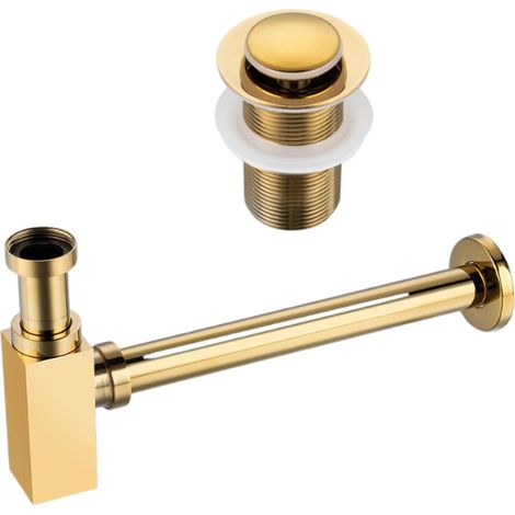 BALNEO - ensemble bonde de lavabo Klik Klak B sans trop-plein dorée + siphon carré doré en laiton - kit pour lavabo (1/5)