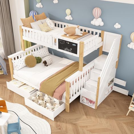 Lit superposé enfant blanc+chêne clair 90x200 + 140x200, multifonctionnel avec tiroirs et planche. Lit double (sans matelas) (1/5)