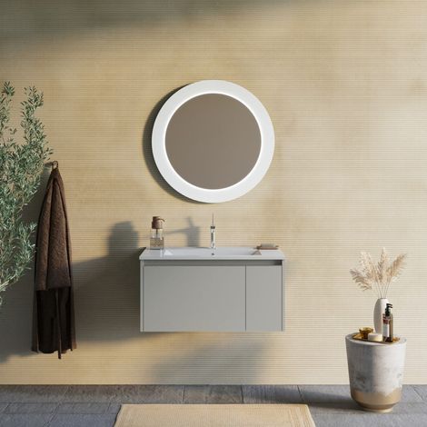 Mobile Bagno 80Cm Beige Sabbia Con Specchio Tondo Illuminato Led  Monaco